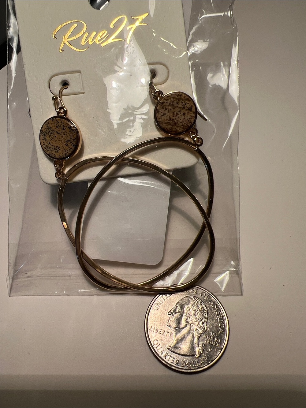 Gold-Tone Hoop Drop Earrings in Tan Stone